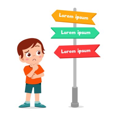 İşaret oku olan küçük, mutlu çocuk.