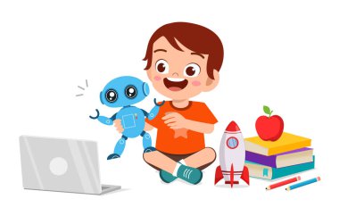 Mutlu küçük çocuk bilgisayar ve robot oyunu oynuyor.