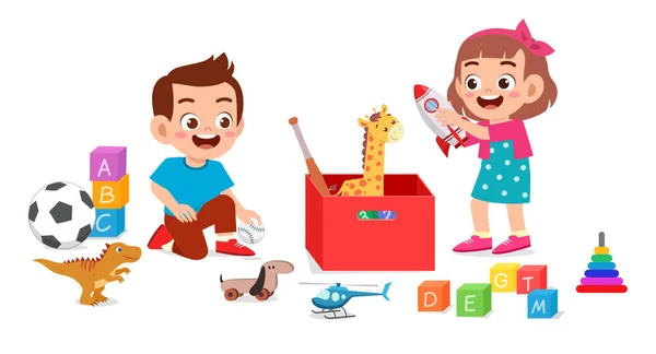 Feliz lindo niño niño y niña jugando con juguetes — Vector de stock