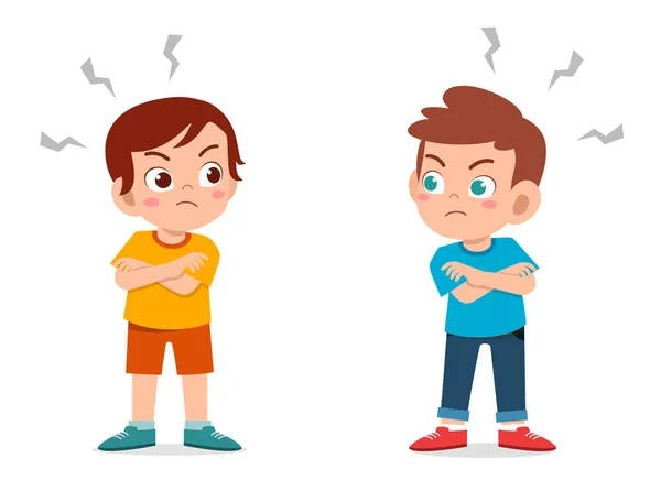 Cute little kid boy angry each other — Stock Vector