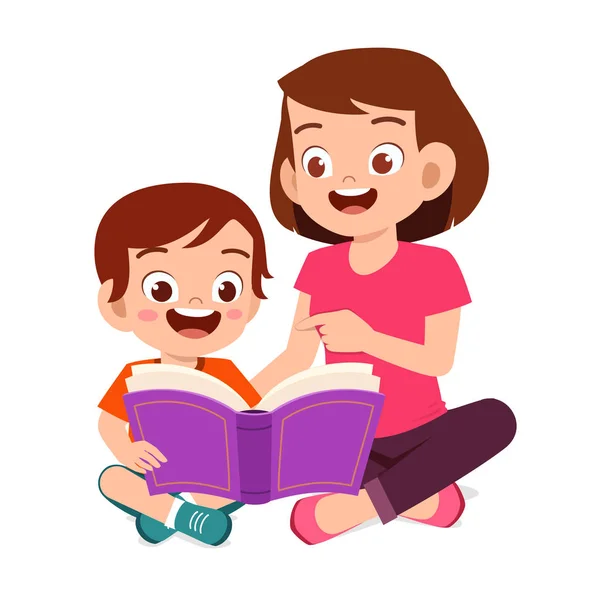 Happy cute little kid boy read book with mom — 图库矢量图片