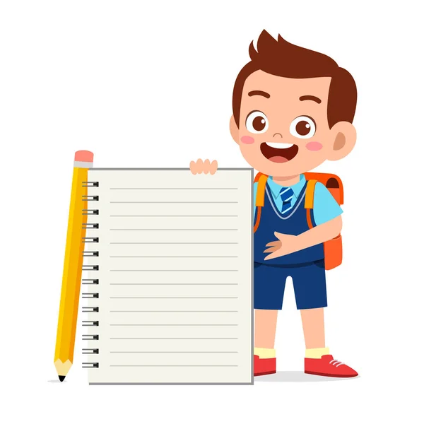 Happy cute little kid boy with notebook — Stok Vektör