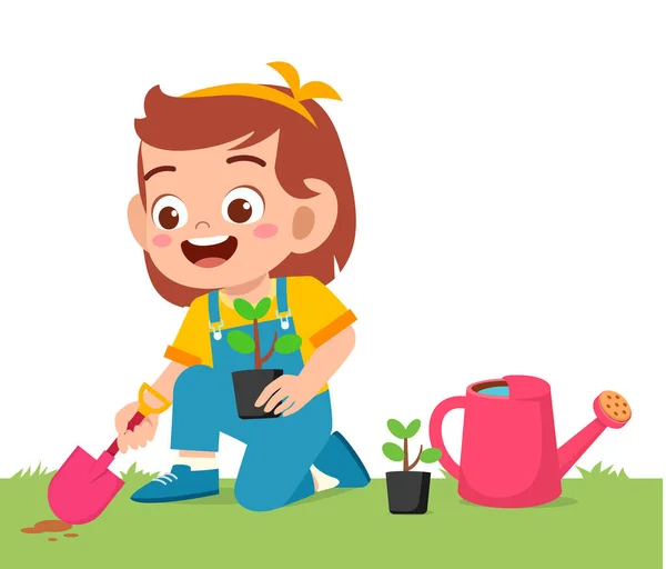 Feliz Bonito Menina Criança Planta Árvore Jardim — Vetor de Stock