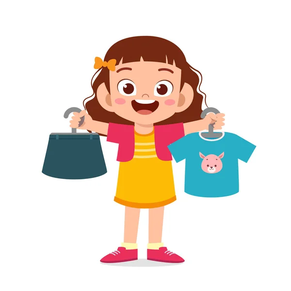 Happy Cute Little Kid Girl Choose Clothes — Stock Vector