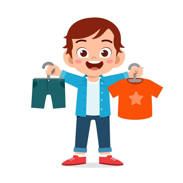Happy Cute Little Kid Boy Choose Clothes — Stock Vector