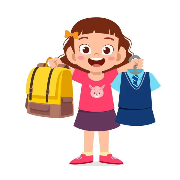 Happy Cute Little Kid Girl Preparing Uniform School — Stock Vector