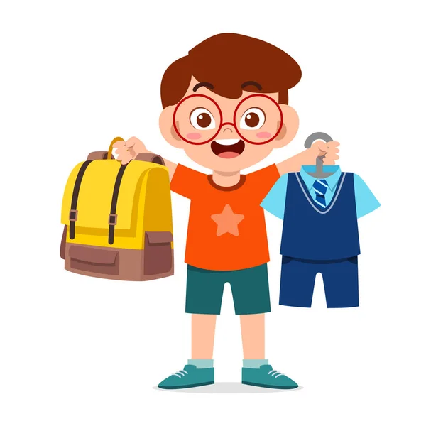 Happy Cute Little Kid Boy Preparing Uniform School — Stock Vector