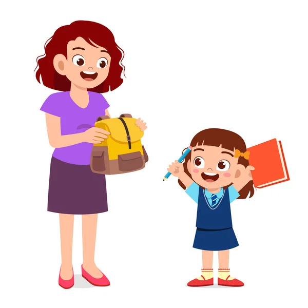 Feliz Madre Preparando Bolsa Para Hijo — Vector de stock