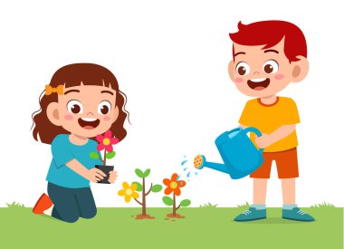 Küçük tatlı bir çocuk ve kız çiçek ekiyor.
