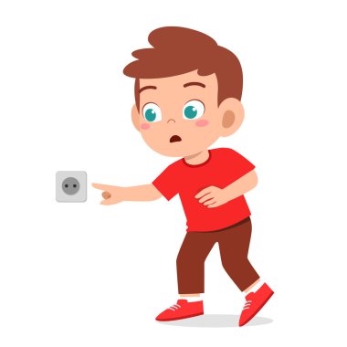 curious little kid boy play with electicity socket clipart