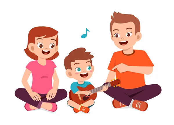 Heureux Mignon Famille Maman Papa Fils Fille Jouer Guitare — Image vectorielle