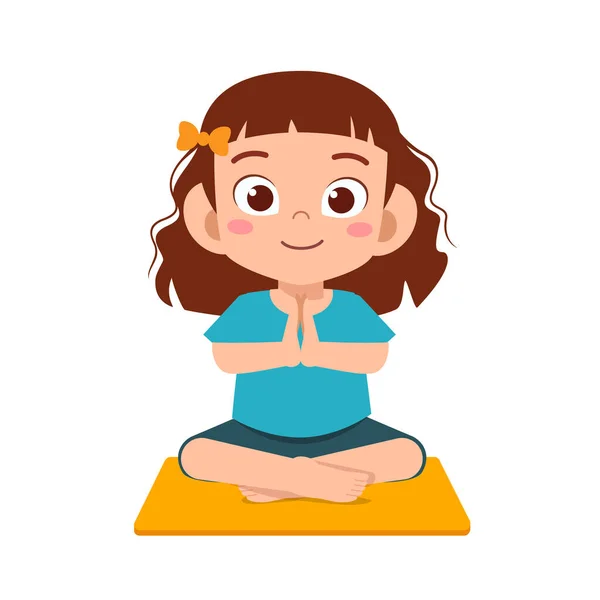 Happy Cute Little Kid Girl Practice Yoga — Stock Vector