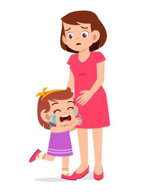 Küçük üzgün kız annesiyle ağlar.