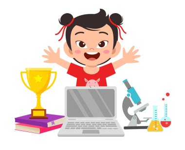 Okul ekipmanlarıyla mutlu küçük kız.