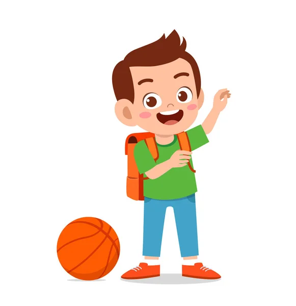 Happy Cute Little Kid Boy Play Basketball — Stock Vector