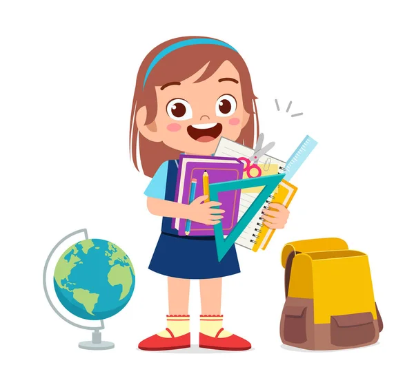 Ευτυχισμένο Χαριτωμένο Κοριτσάκι Που Κρατάει Σχολικά Είδη — Διανυσματικό Αρχείο