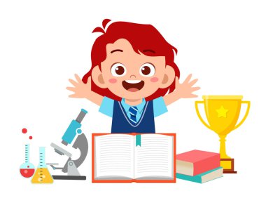 Okul ekipmanlarıyla mutlu küçük kız.