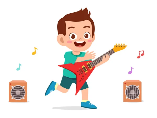 Happy Cute Little Kid Boy Play Guitar — 스톡 벡터