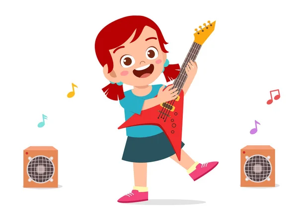 Happy Cute Little Kid Girl Play Guitar — Stock vektor