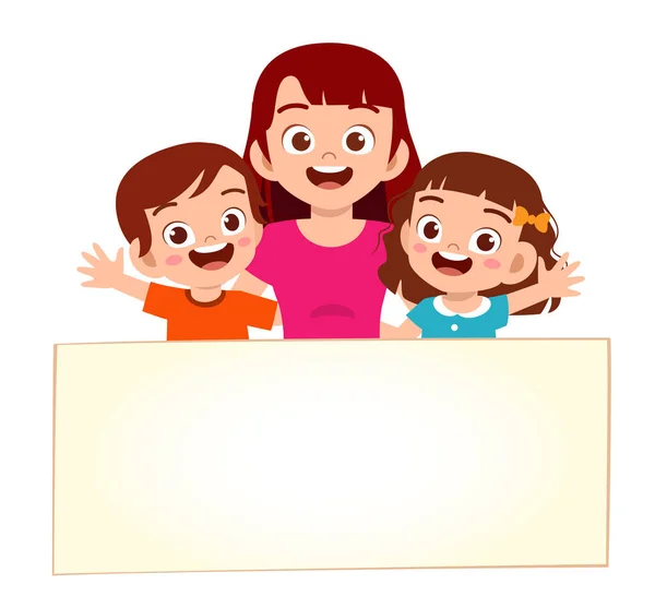 Ευτυχισμένο Χαριτωμένο Μικρό Αγόρι Και Κορίτσι Και Μαμά Λευκή Σημαία — Διανυσματικό Αρχείο