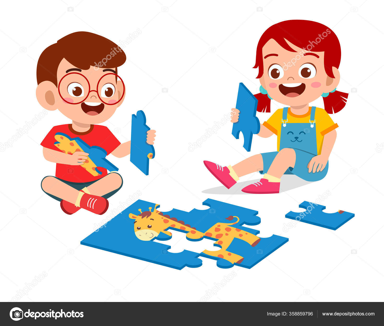 Happy Cute Little Kid Boy Girl Play Jigsaw Puzzle Stock Vector Image by