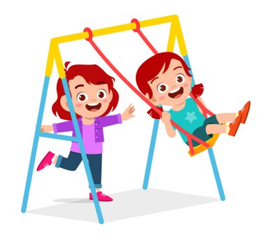 happy cute little kid boy and girl play swing clipart