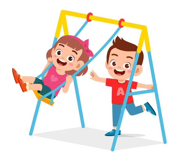 Heureux Mignon Petit Garçon Fille Jeu Swing — Image vectorielle