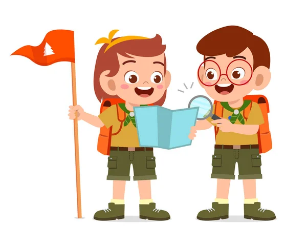 Feliz Bonito Pouco Scout Menino Menina Fazer Explorando —  Vetores de Stock