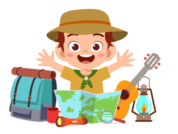 happy cute little kid boy with scout equipment