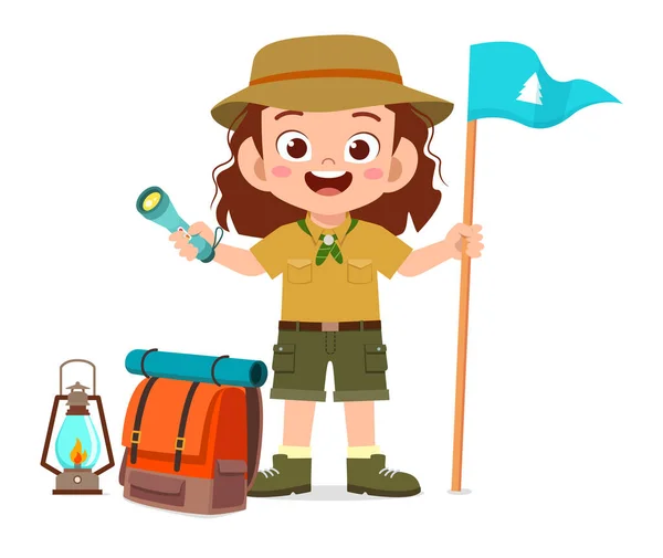 Happy Cute Little Kid Girl Wear Scout Uniform — Stock Vector