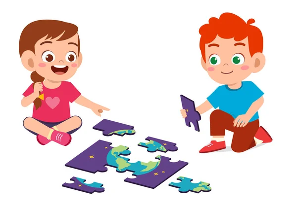 Happy Cute Little Kid Boy Girl Play Jigsaw Puzzle — Stock Vector