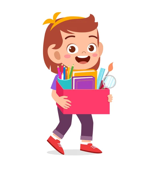 Щаслива Мила Маленька Дівчинка Носить Коробку Шкільного Приладдя — стоковий вектор