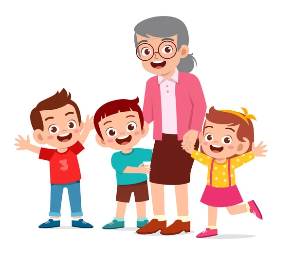 Feliz Linda Anciana Con Familia Juntos — Vector de stock