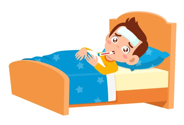 Λυπημένο Χαριτωμένο Αγόρι Ξαπλωμένο Στο Κρεβάτι Άρρωστο — Διανυσματικό Αρχείο