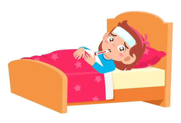 Triste Mignon Enfant Fille Couché Dans Lit Malade — Image vectorielle