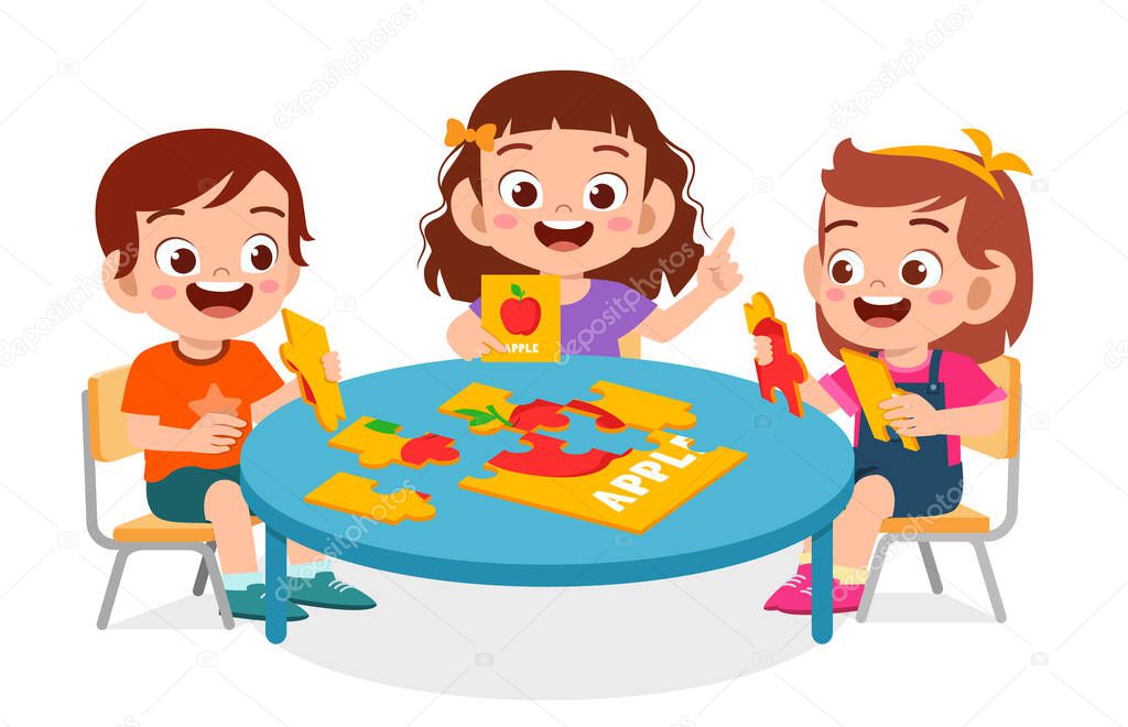 happy cute little kid boy and girl play jigsaw puzzle