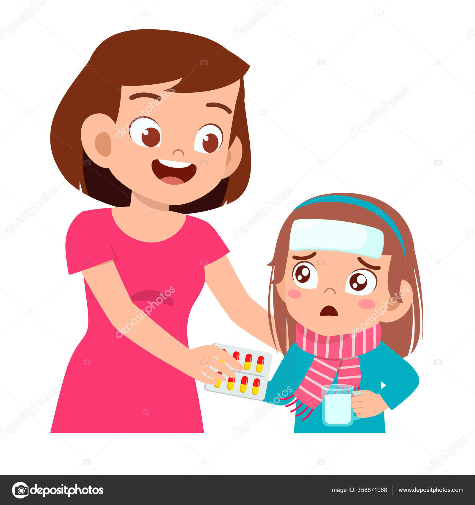 Triste Niña Enferma Dado Medicina Por Mamá Vector de stock #358871068 de  ©colorfuelstudio, image size:1600x1700