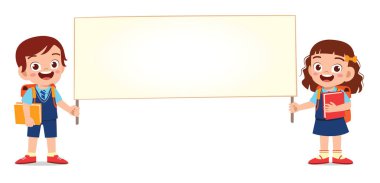 Mutlu şirin çocuk ve kız boş afiş taşıyorlar