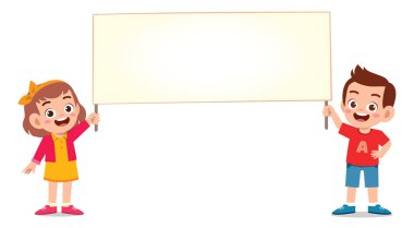 Mutlu şirin çocuk ve kız boş afiş taşıyorlar