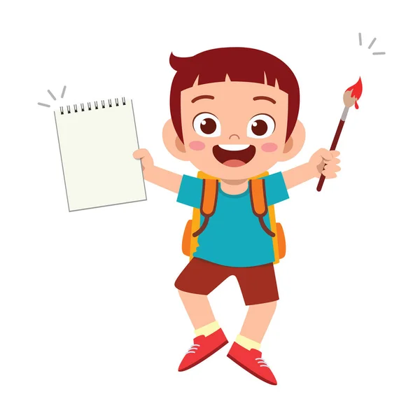 Щасливий Милий Студент Хлопчик Книгою Олівцем — стоковий вектор