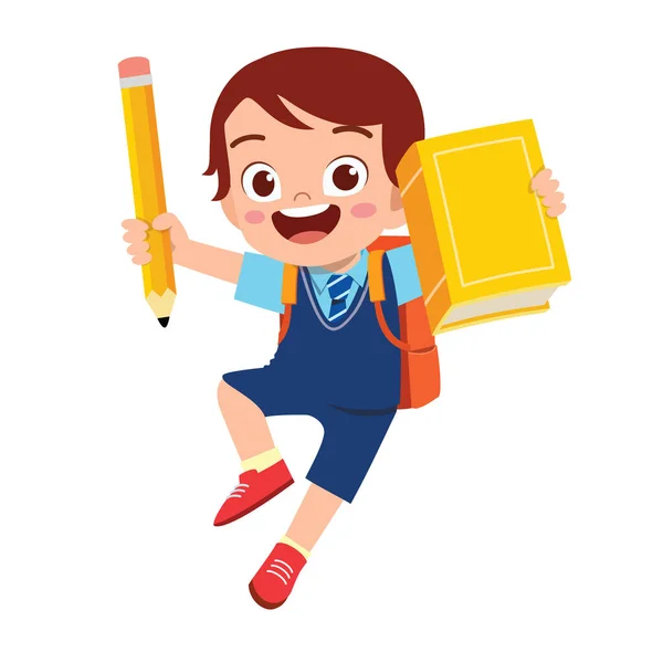 Happy Cute Student Kid Boy Book Pencil — Stock Vector