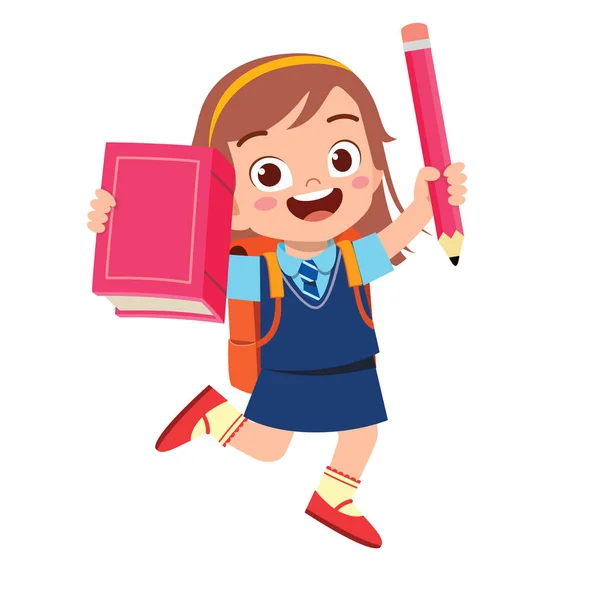 Happy Cute Student Kid Girl Book Pencil — Stock Vector