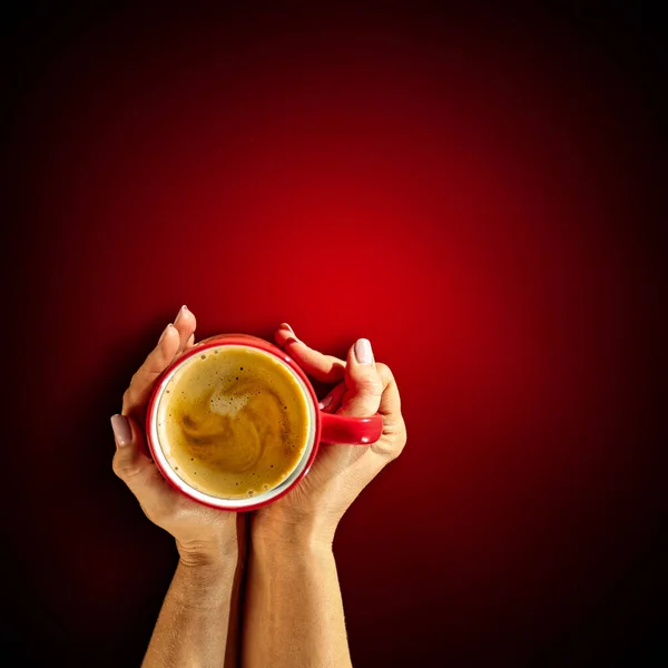 Молодая Женщина Ухоженные Руки Держа Чашку Кофе Свежей Пеной Темно — стоковое фото