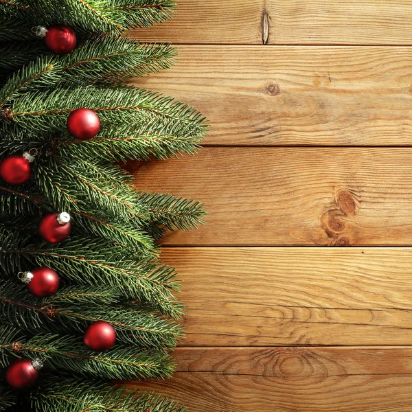 Spar Twijgen Een Houten Tafel Platte Achtergrond Kerstversiering Houten Blad — Stockfoto