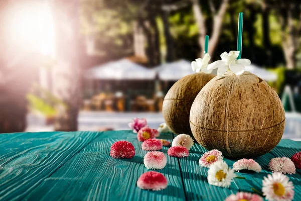 Fresh coconut drink and blurred exotic trees and outdoor restaurant background. Beautiful sunny summer time background. Copy space for advertising products. Coconuts and flowers, petals of flowers on wooden table.