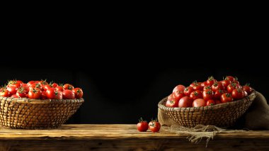 Sepette taze kırmızı domatesler ve dekorasyon ve ürününüz için bedava yer.