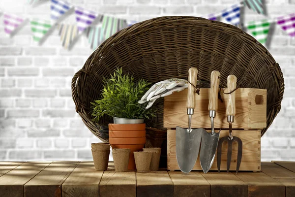 Herramientas Jardín Gran Canasta Mimbre Sobre Fondo Mesa Madera — Foto de Stock