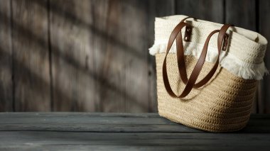 Dekorasyonun için ahşap masa. Ahşap retro duvarlı saman torbası ve güneş ışığının gölgesi. Dekorasyonunuz için alanı kopyalayın. 