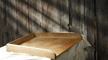 Ahşap arka plan, mutfak aletleri ve dekorasyon için yer.. 