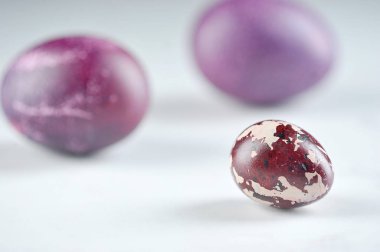 Beyaz arka planda menekşe rengi Paskalya yumurtaları. Farklı boyutlarda yumurta, tavuk ve bıldırcın.. 